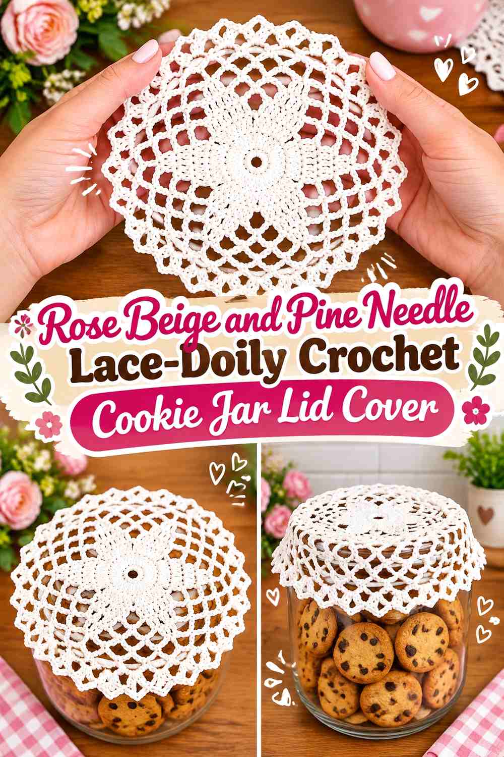 Rose Beige and Pine Needle Lace Doily Crochet Cookie Jar Lid Cover