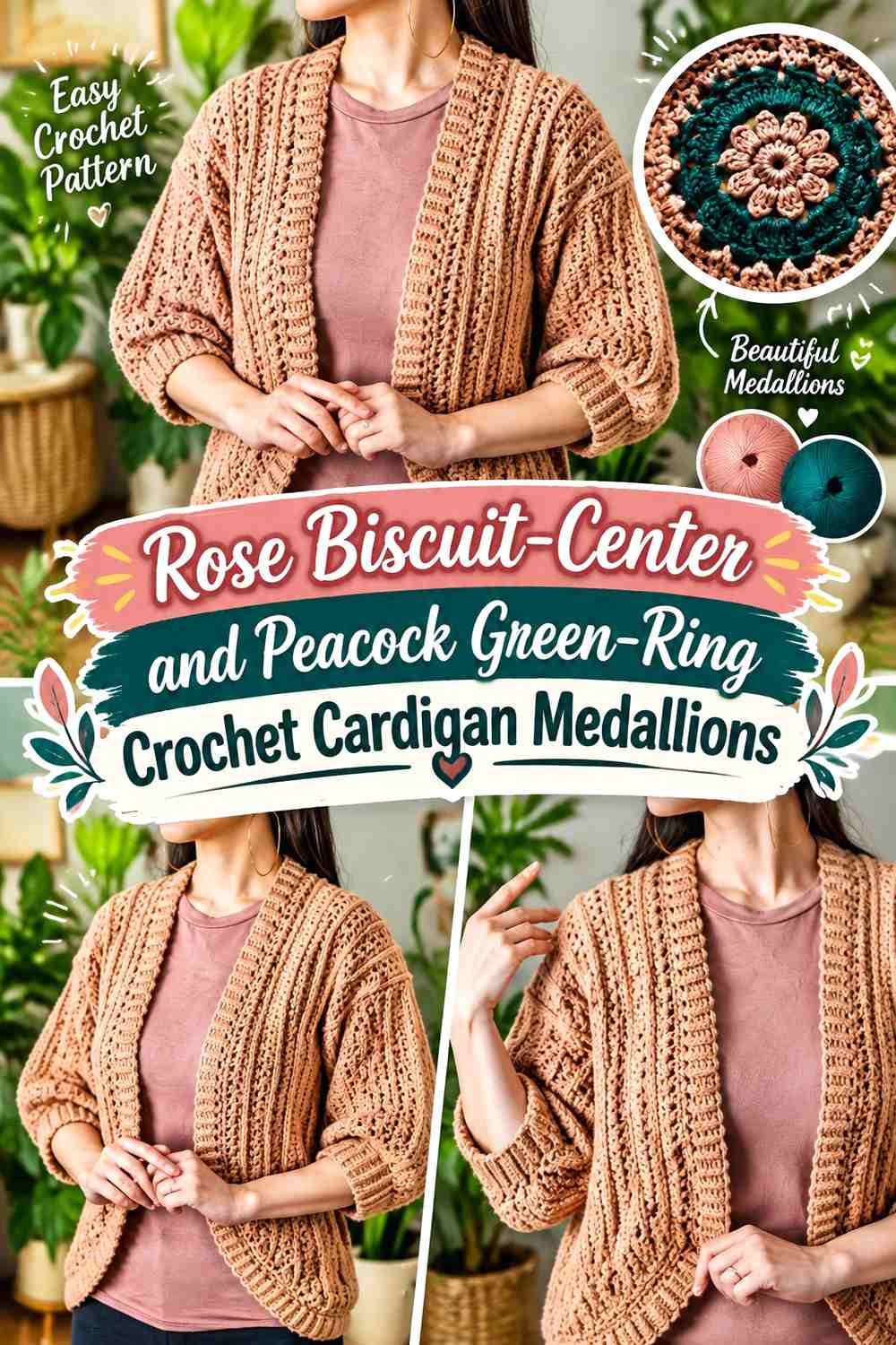 Rose Biscuit-Center and Peacock Green-Ring Crochet Cardigan Medallions