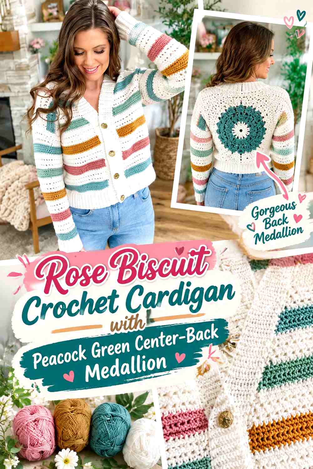 Rose Biscuit Crochet Cardigan with Peacock Green Center-Back Medallion