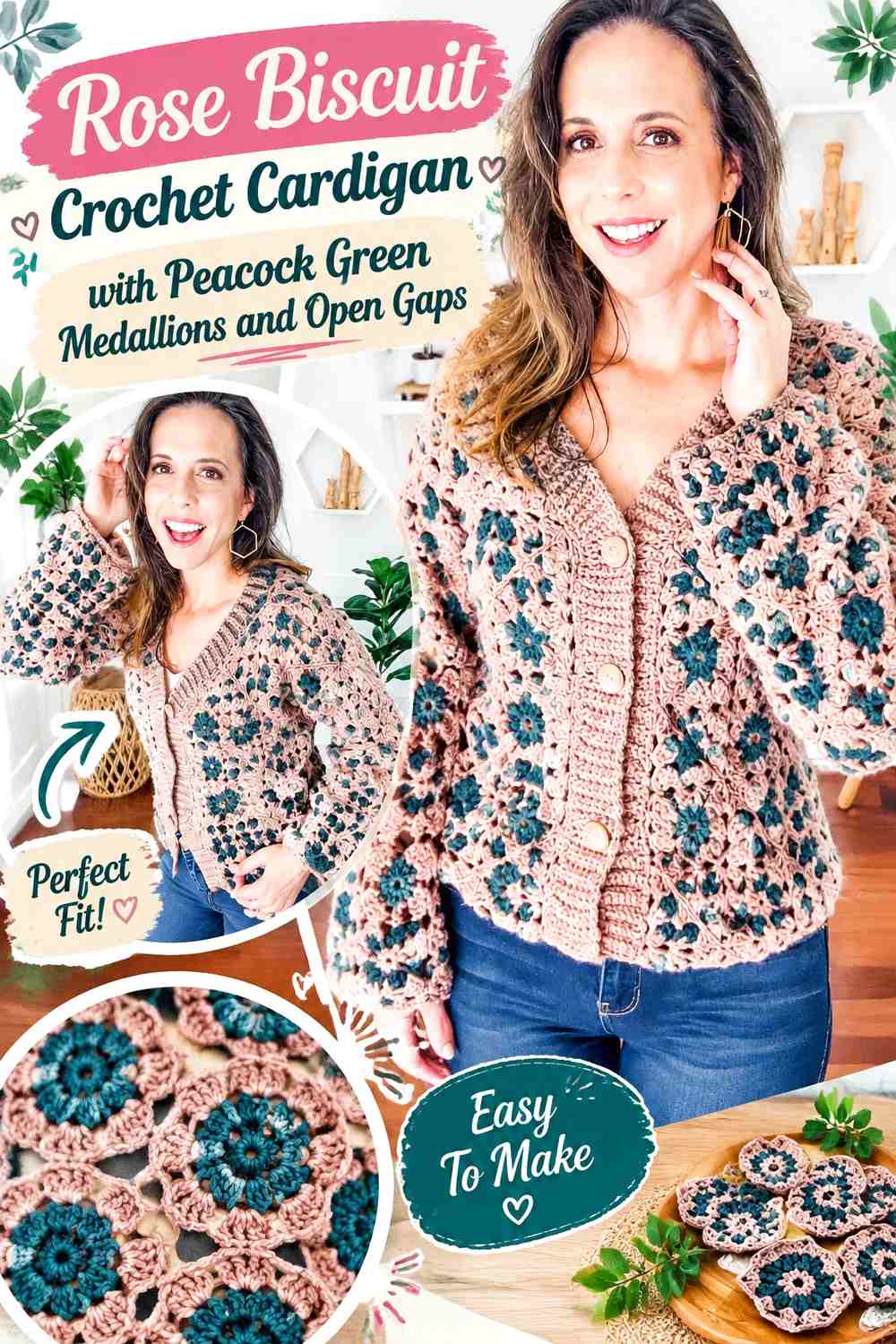 Rose Biscuit Crochet Cardigan with Peacock Green Medallions and Open Gaps