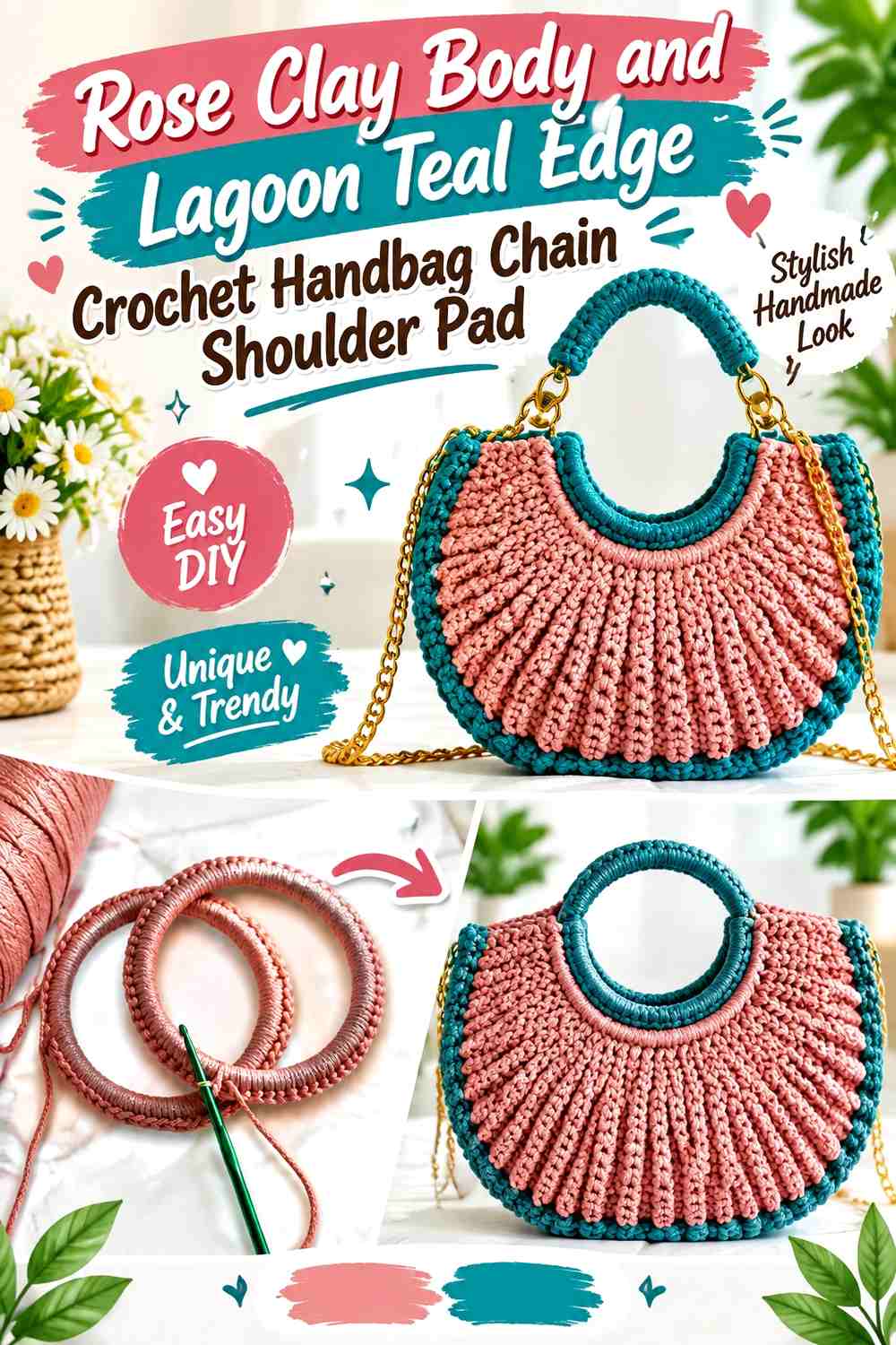 Rose Clay Body and Lagoon Teal Edge Crochet Handbag Chain Shoulder Pad