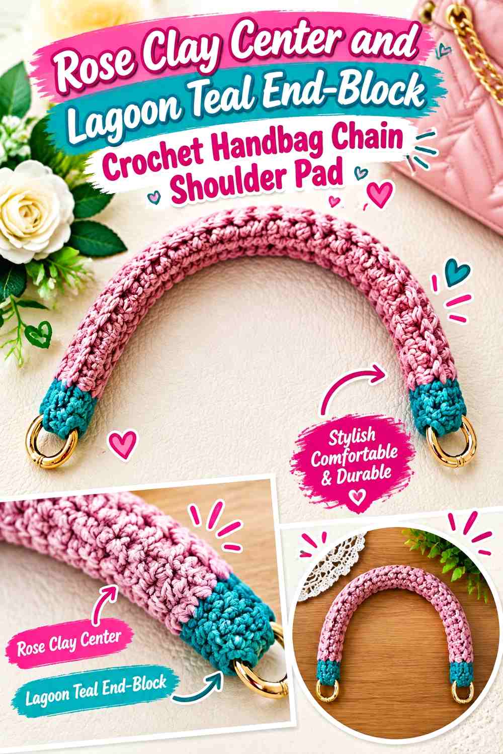 Rose Clay Center and Lagoon Teal End Block Crochet Handbag Chain Shoulder Pad