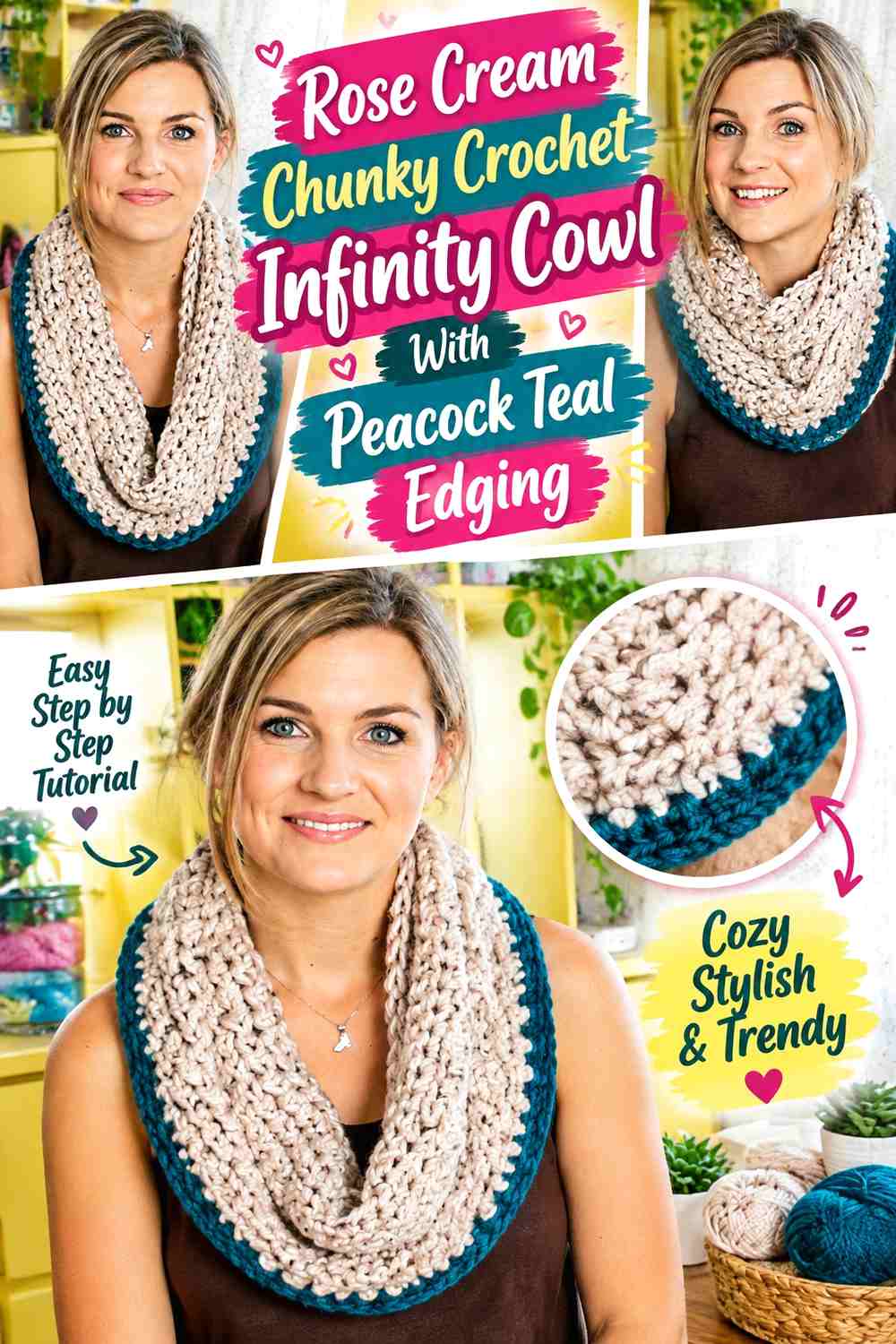 Rose Cream Chunky Crochet Infinity Cowl With Peacock Teal Edging