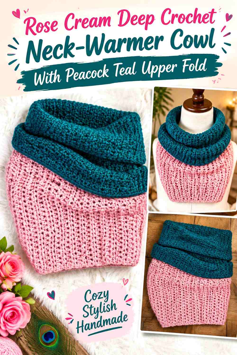 Rose Cream Deep Crochet Neck-Warmer Cowl With Peacock Teal Upper Fold