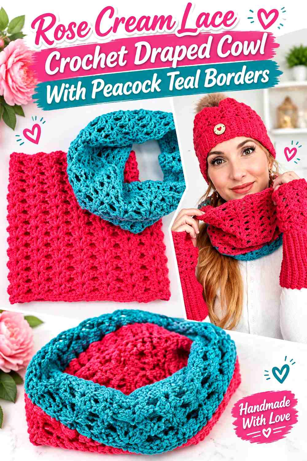 Rose Cream Lace Crochet Draped Cowl With Peacock Teal Borders