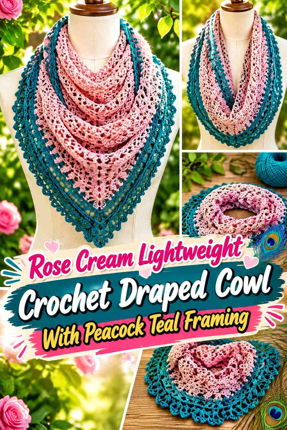 Rose Cream Lightweight Crochet Draped Cowl With Peacock Teal Framing