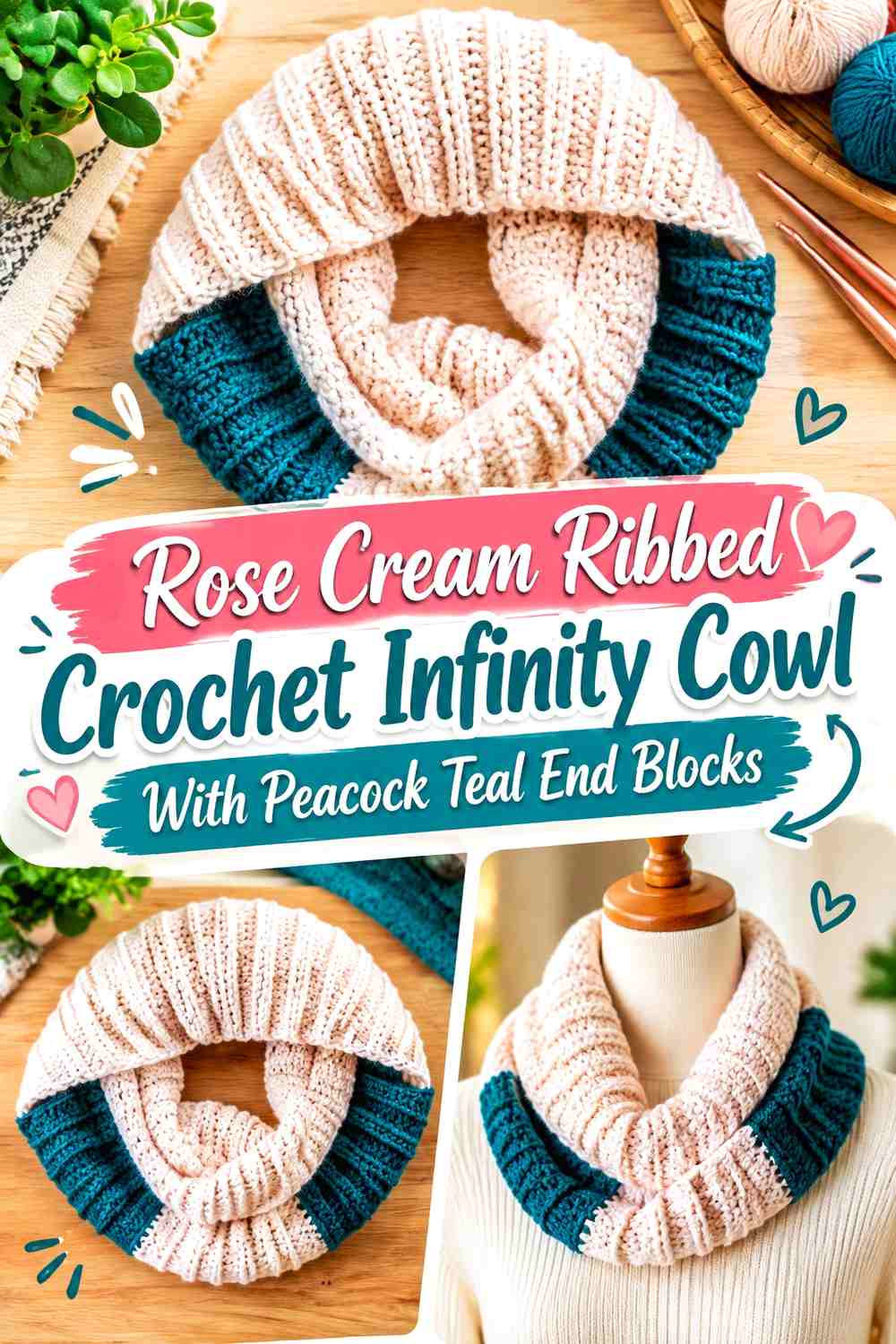 Rose Cream Ribbed Crochet Infinity Cowl With Peacock Teal End Blocks