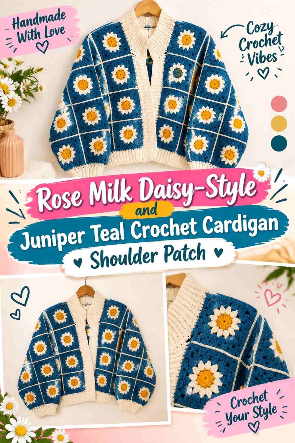 Rose Milk Daisy-Style and Juniper Teal Crochet Cardigan Shoulder Patch