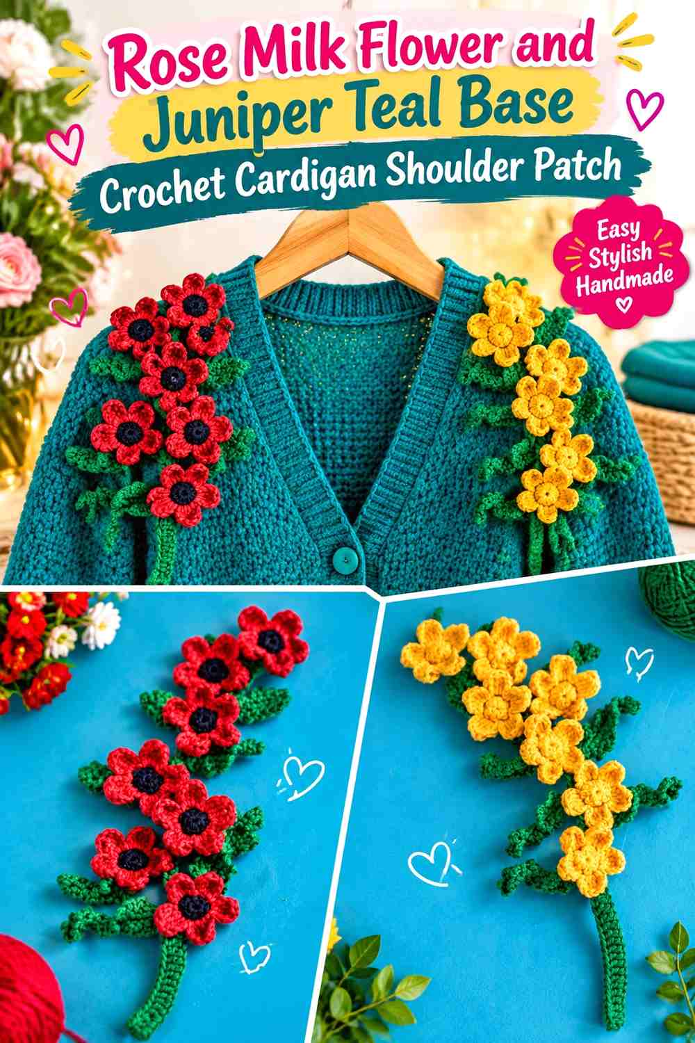 Rose Milk Flower and Juniper Teal Base Crochet Cardigan Shoulder Patch