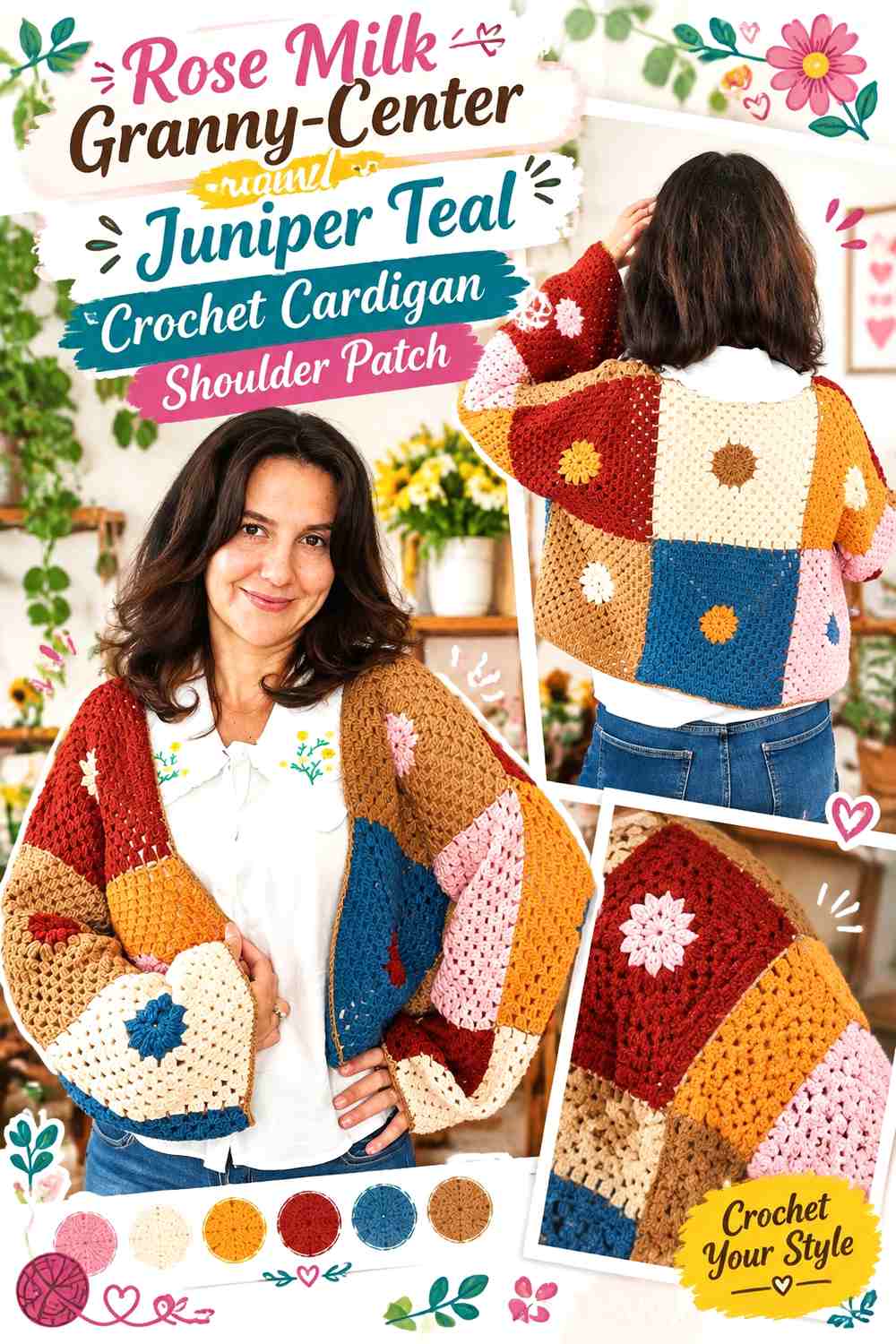 Rose Milk Granny-Center and Juniper Teal Crochet Cardigan Shoulder Patch