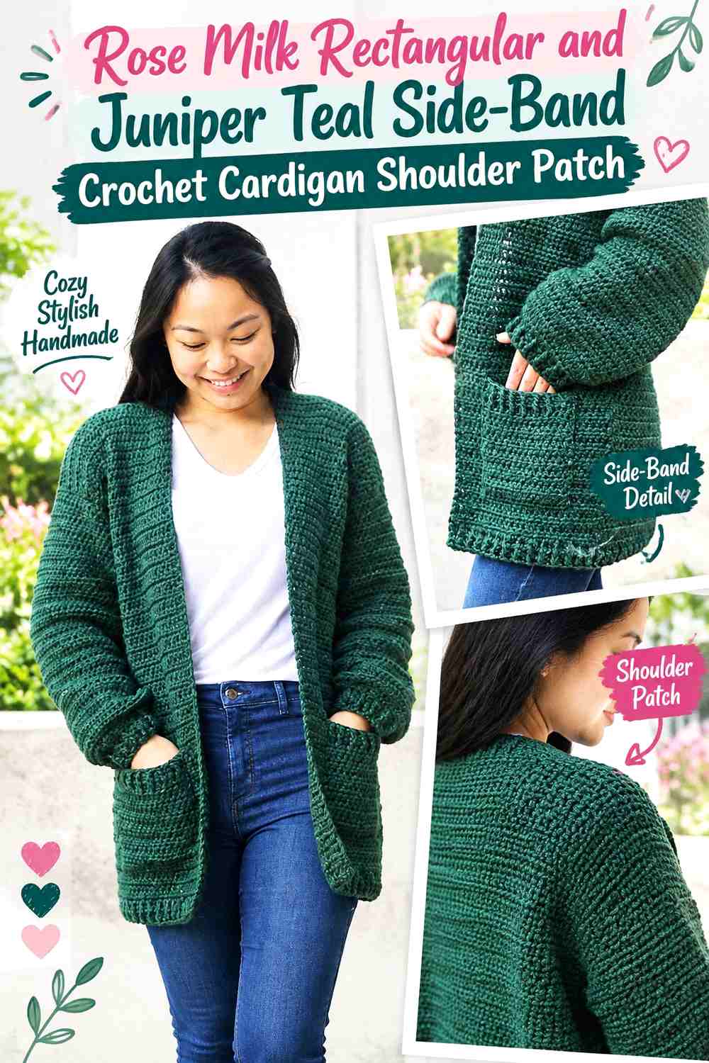 Rose Milk Rectangular and Juniper Teal Side-Band Crochet Cardigan Shoulder Patch