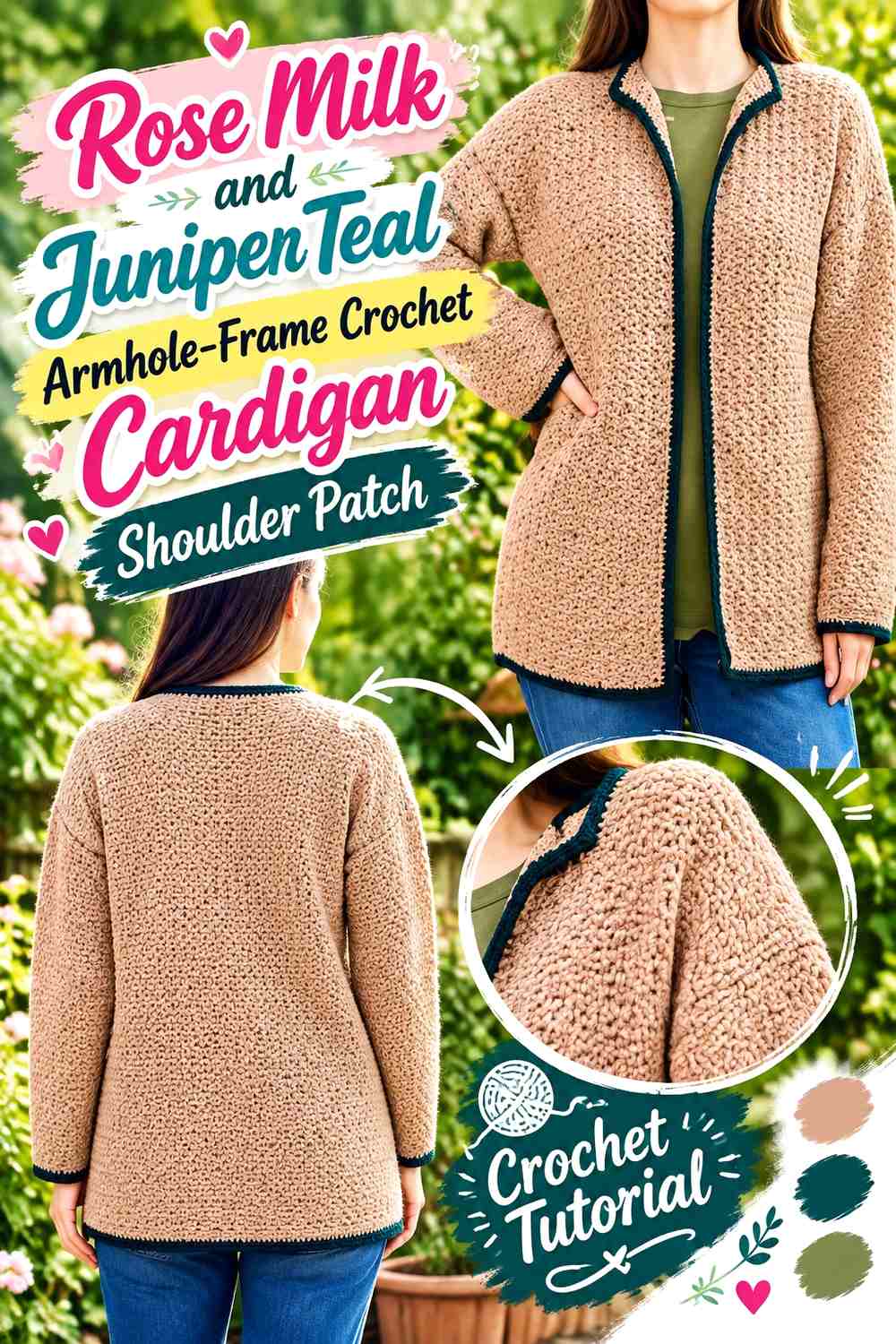 Rose Milk and Juniper Teal Armhole-Frame Crochet Cardigan Shoulder Patch