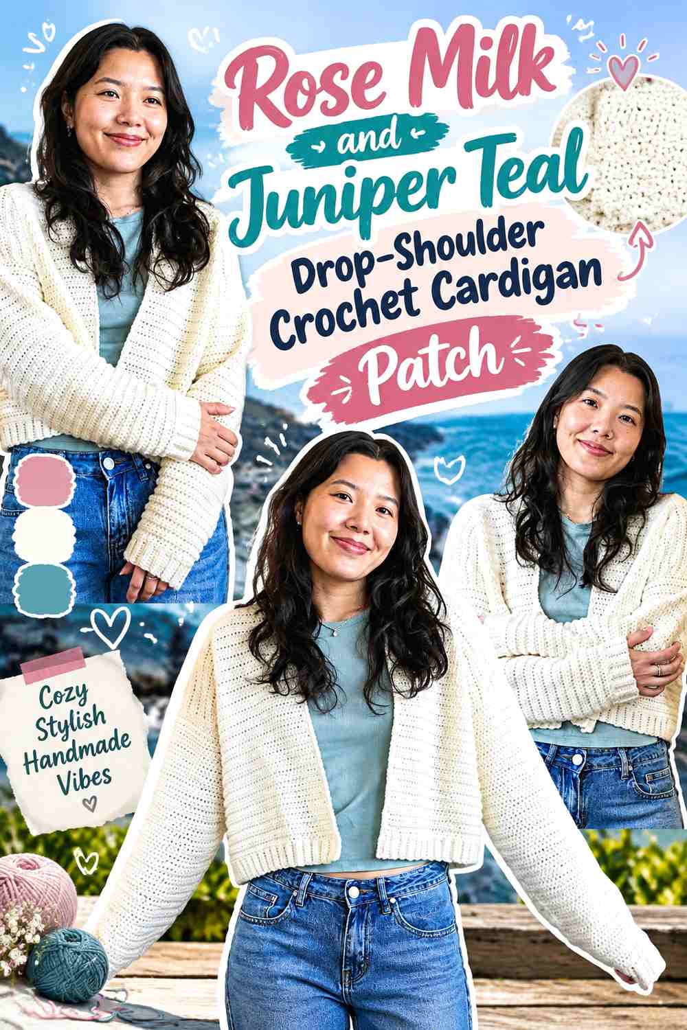 Rose Milk and Juniper Teal Drop-Shoulder Crochet Cardigan Patch