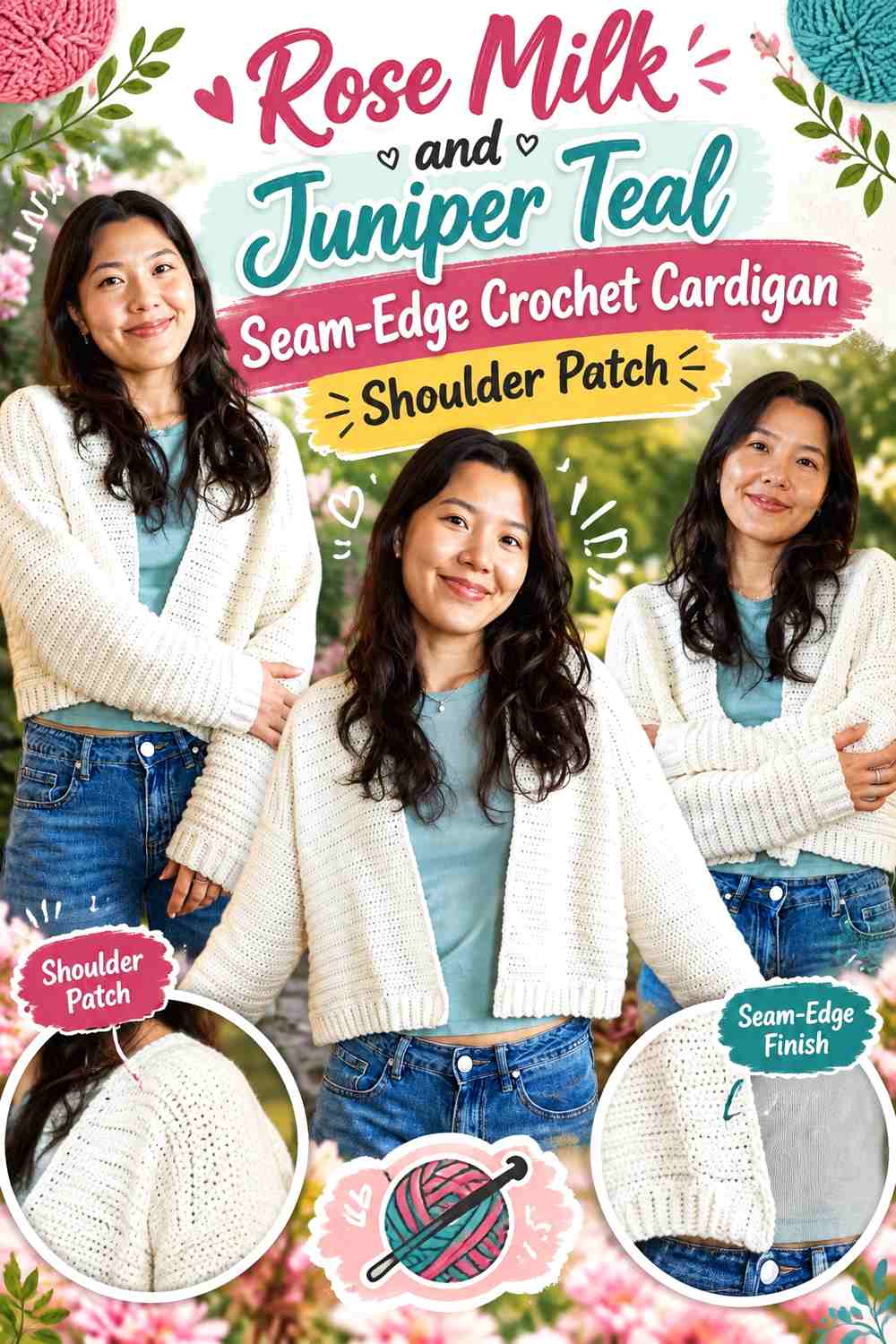 Rose Milk and Juniper Teal Seam-Edge Crochet Cardigan Shoulder Patch