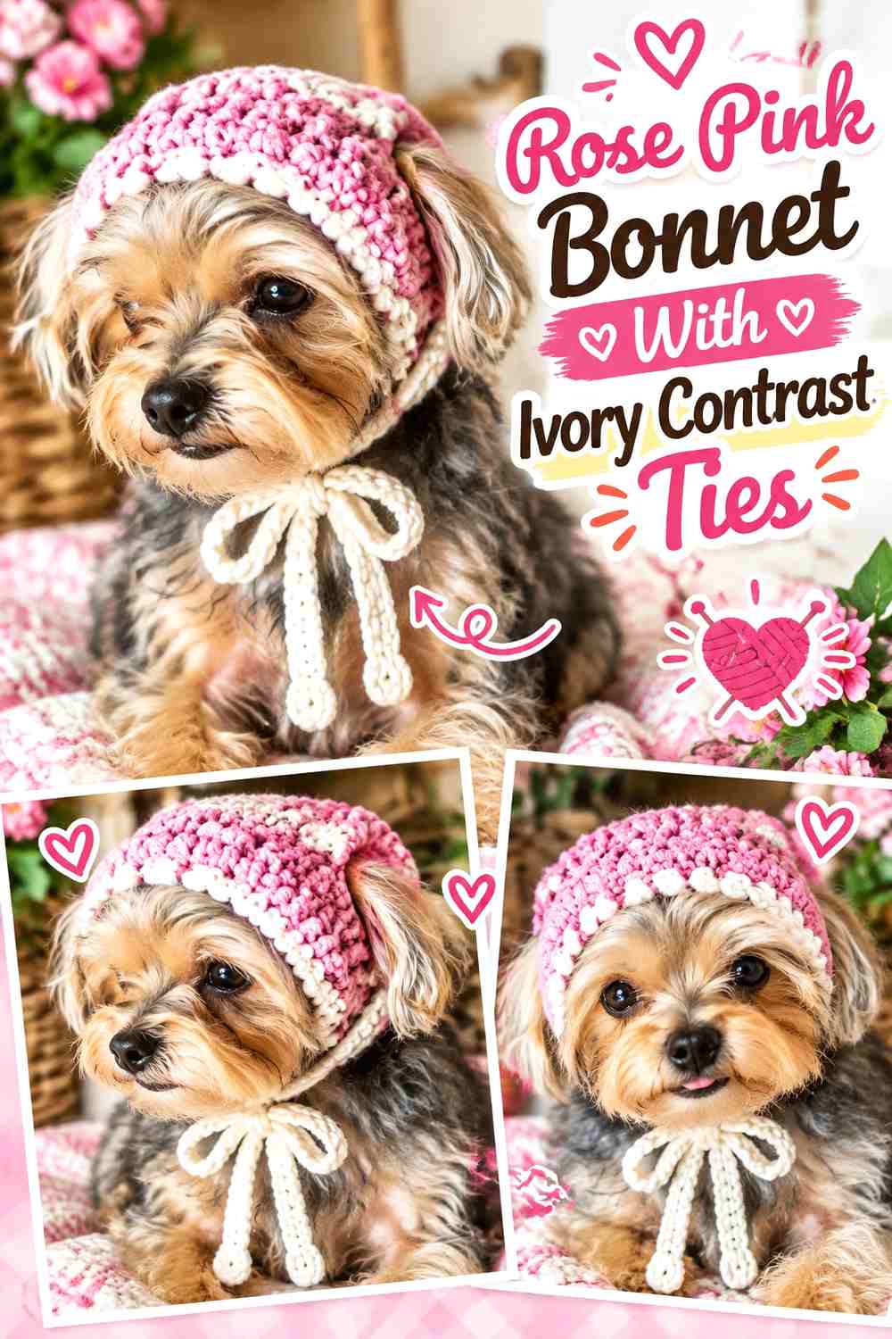 Rose Pink Bonnet With Ivory Contrast Ties
