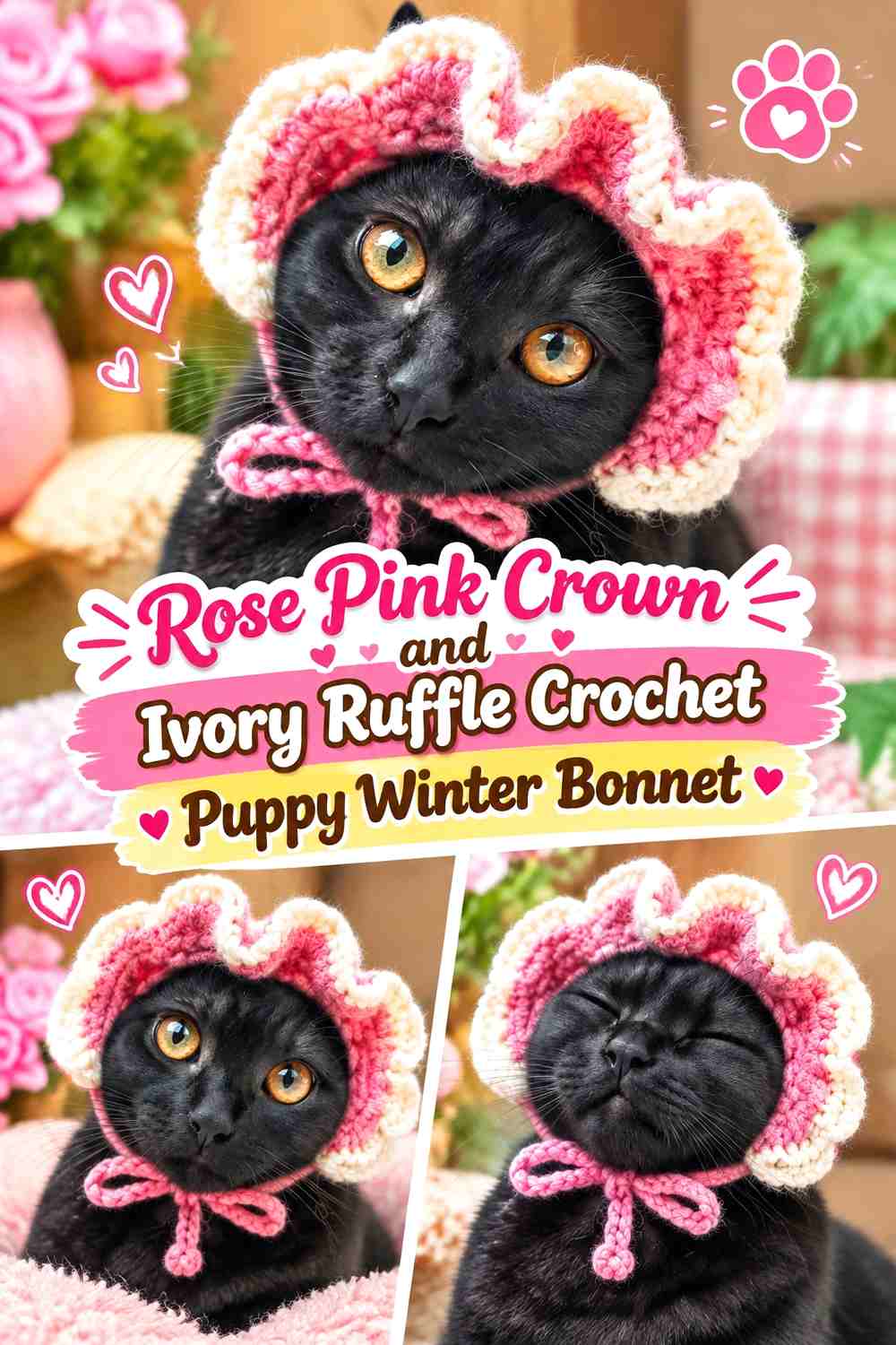 Rose Pink Crown and Ivory Ruffle Crochet Puppy Winter Bonnet