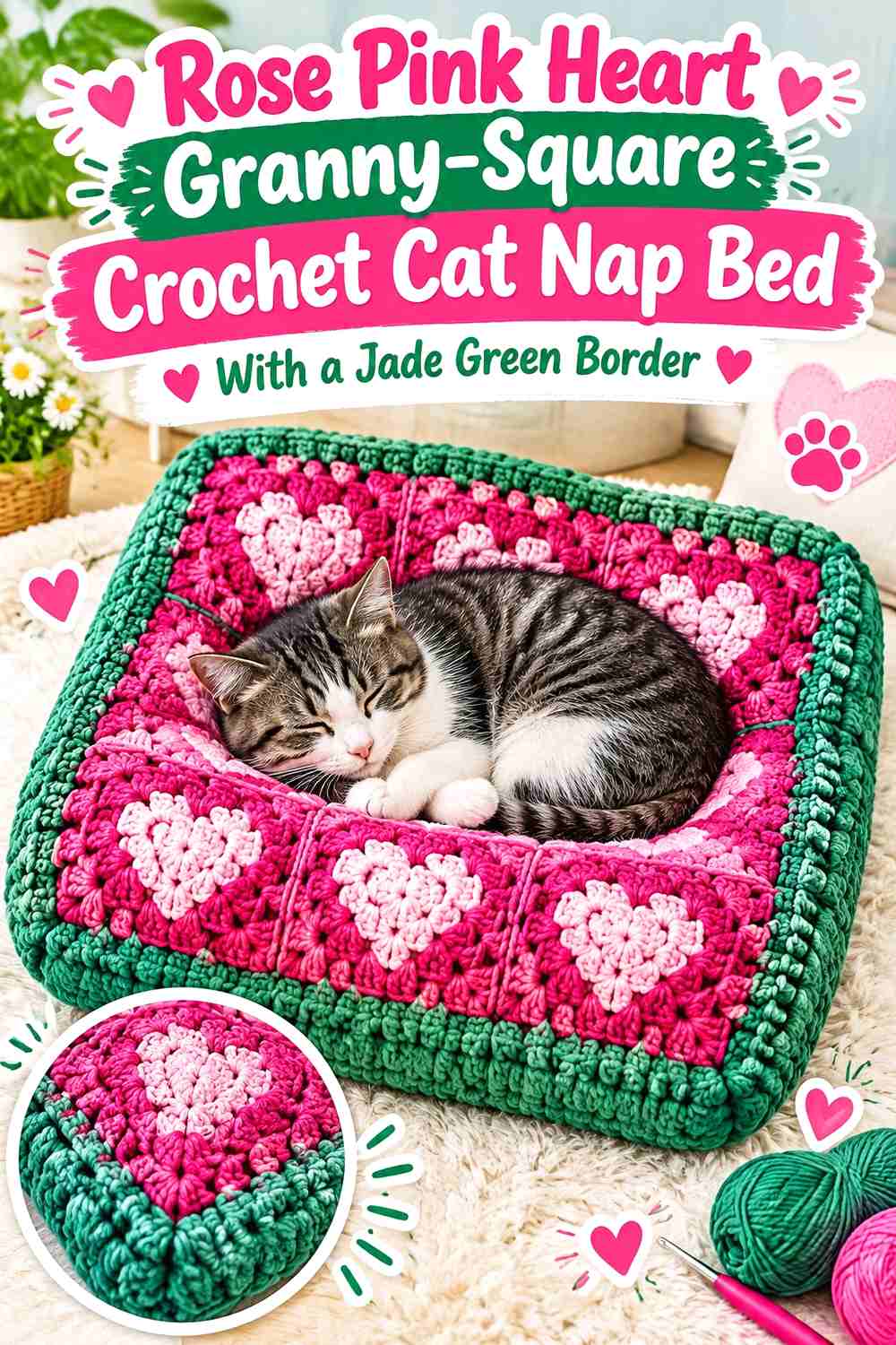 Rose Pink Heart Granny-Square Crochet Cat Nap Bed With a Jade Green Border