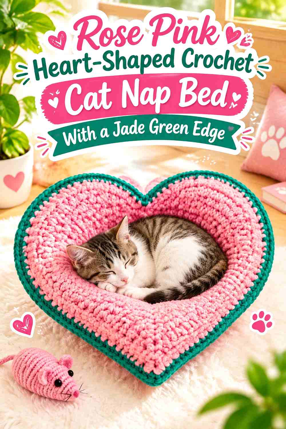 Rose Pink Heart-Shaped Crochet Cat Nap Bed With a Jade Green Edge