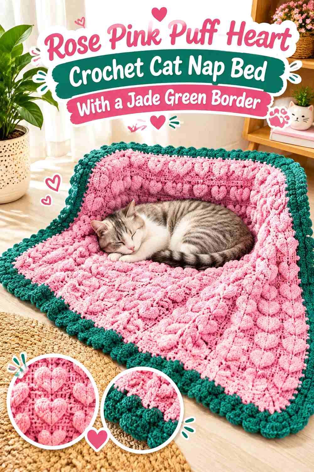 Rose Pink Puff-Heart Crochet Cat Nap Bed With a Jade Green Border