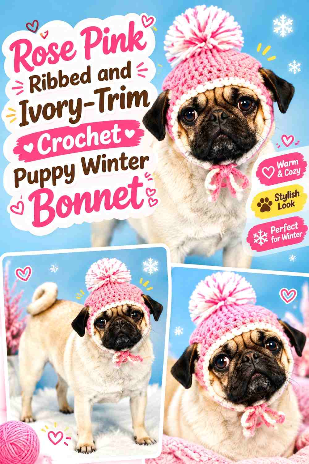 Rose Pink Ribbed and Ivory-Trim Crochet Puppy Winter Bonnet