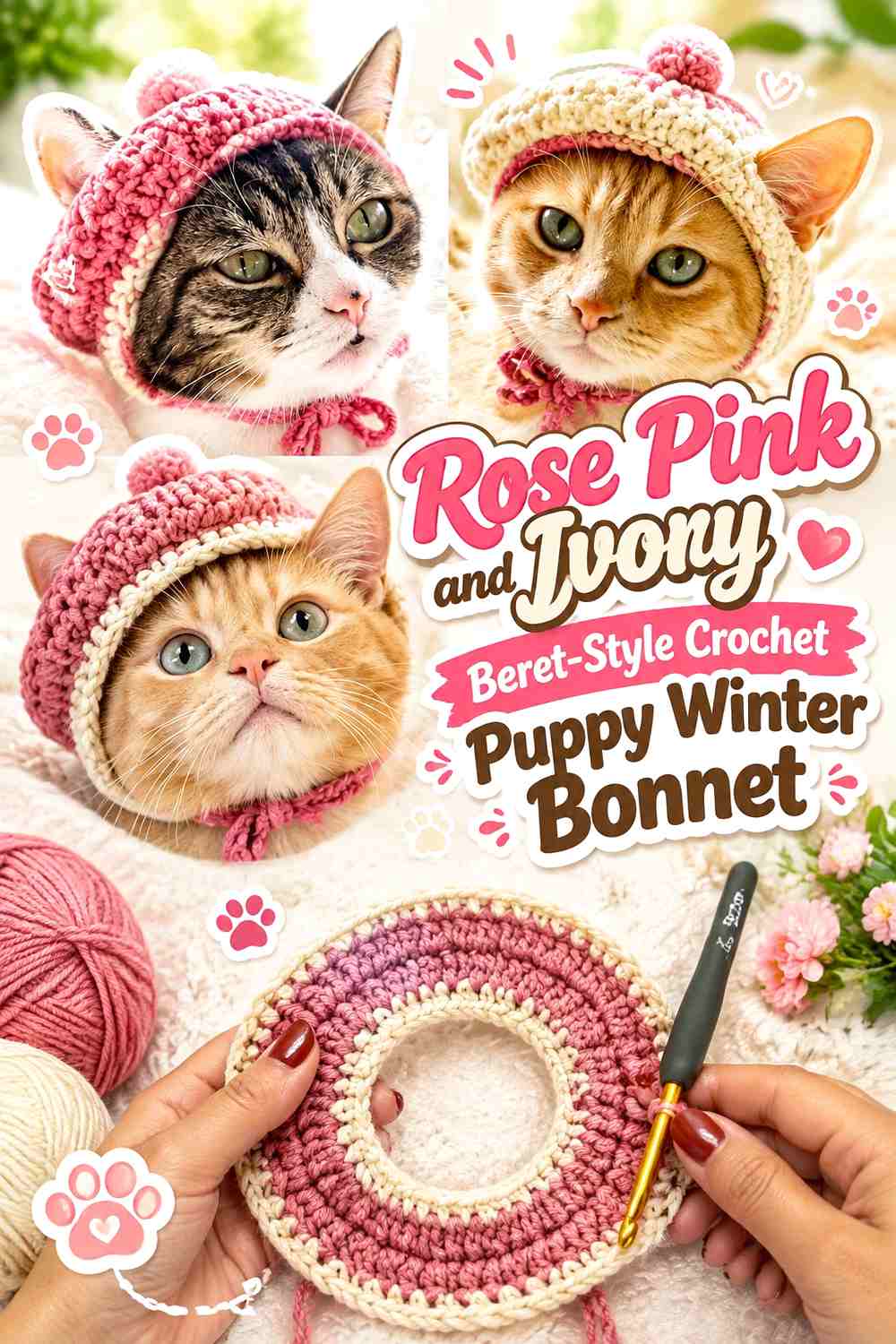 Rose Pink and Ivory Beret-Style Crochet Puppy Winter Bonnet