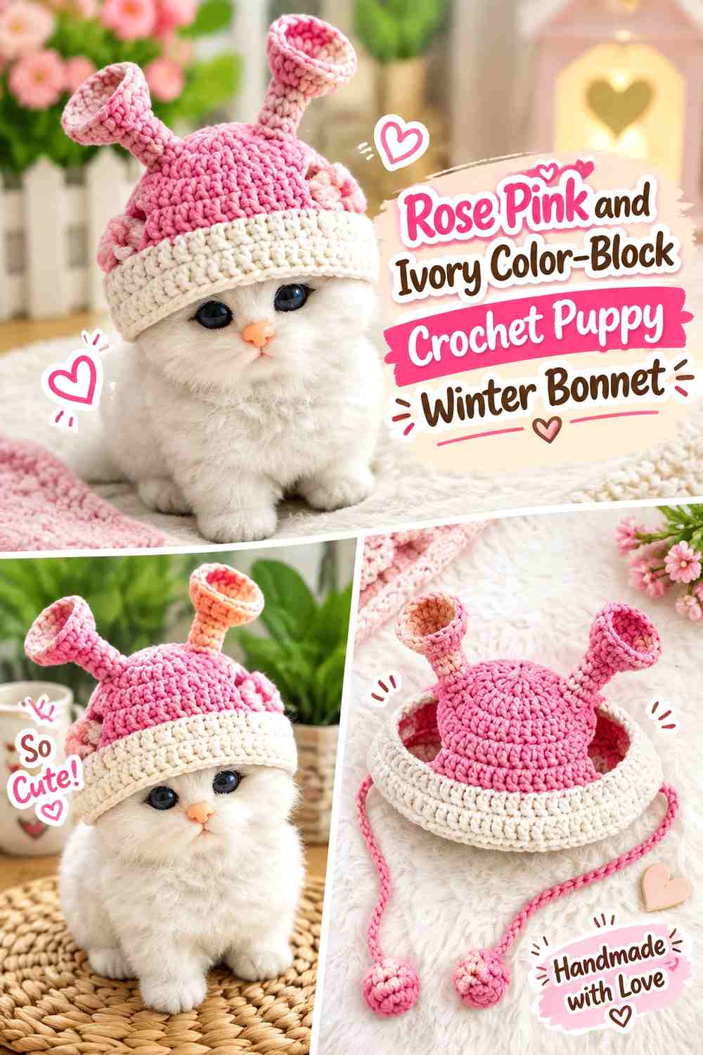 Rose Pink and Ivory Color-Block Crochet Puppy Winter Bonnet