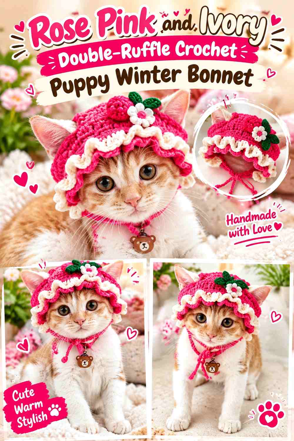 Rose Pink and Ivory Double-Ruffle Crochet Puppy Winter Bonnet