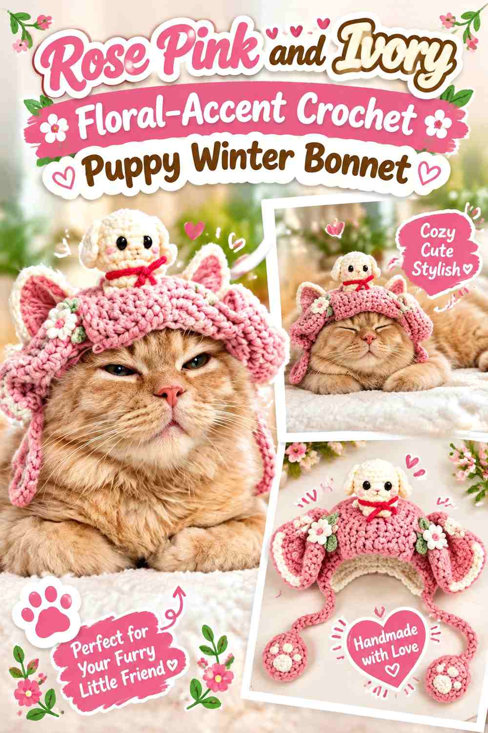 Rose Pink and Ivory Floral-Accent Crochet Puppy Winter Bonnet
