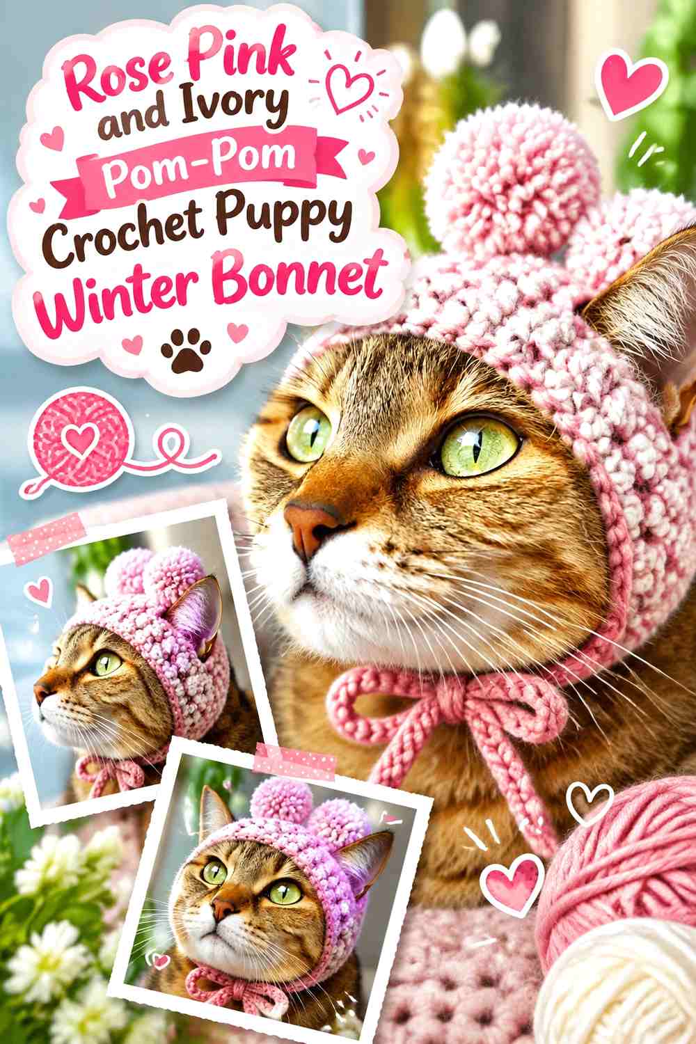 Rose Pink and Ivory Pom-Pom Crochet Puppy Winter Bonnet