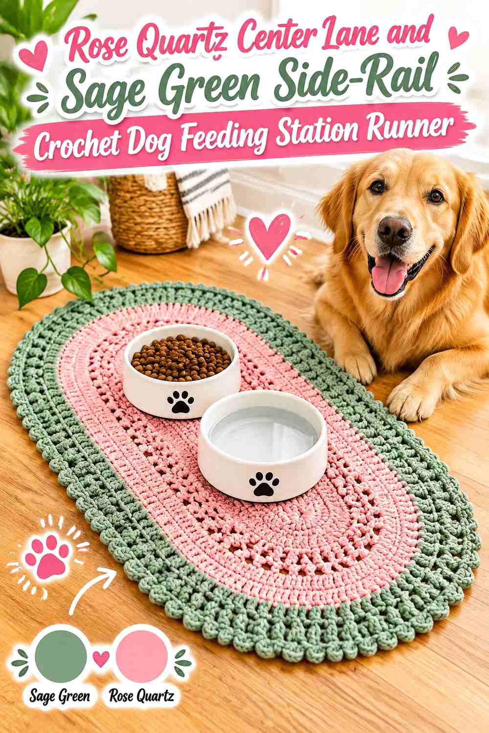 Rose Quartz Center Lane and Sage Green Side-Rail Crochet Dog Feeding Station Runner