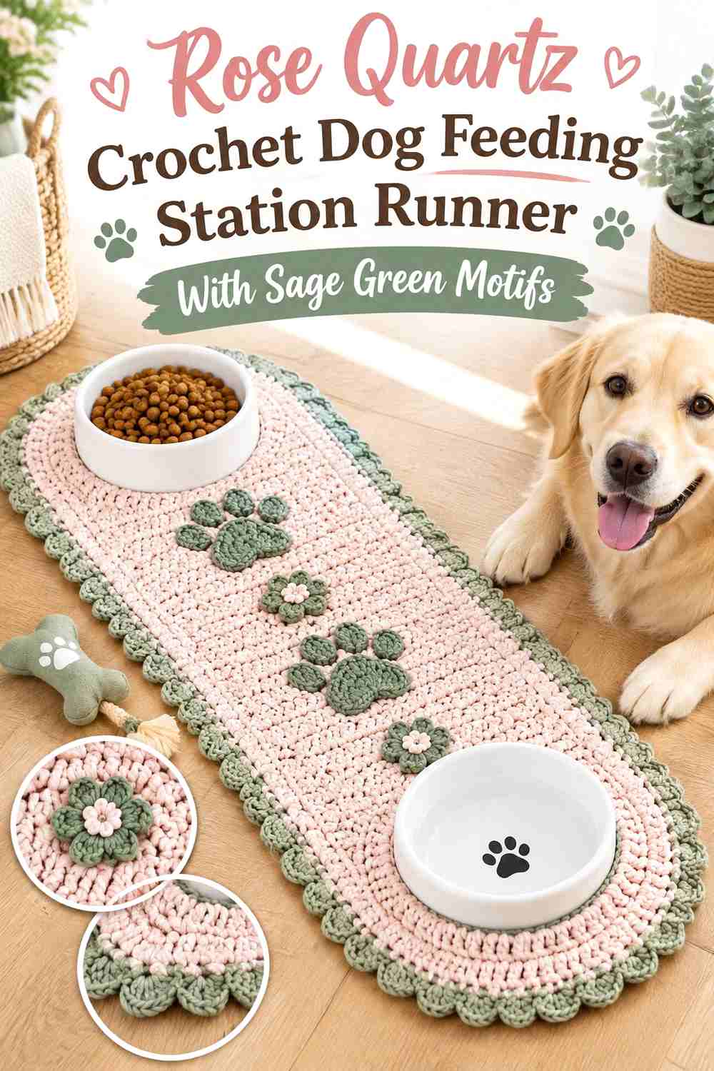 Rose Quartz Crochet Dog Feeding Station Runner With Sage Green Motifs