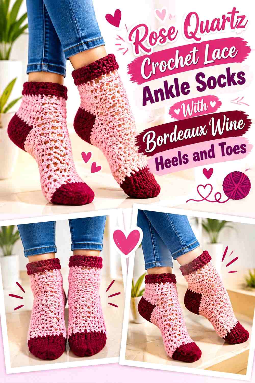 Rose Quartz Crochet Lace Ankle Socks With Bordeaux Wine Heels and Toes