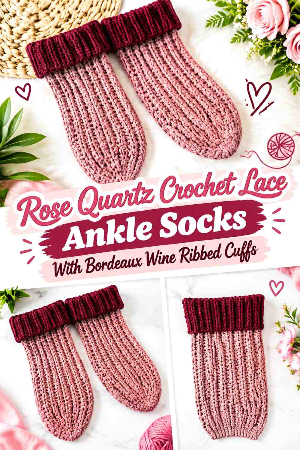 Rose Quartz Crochet Lace Ankle Socks With Bordeaux Wine Ribbed Cuffs