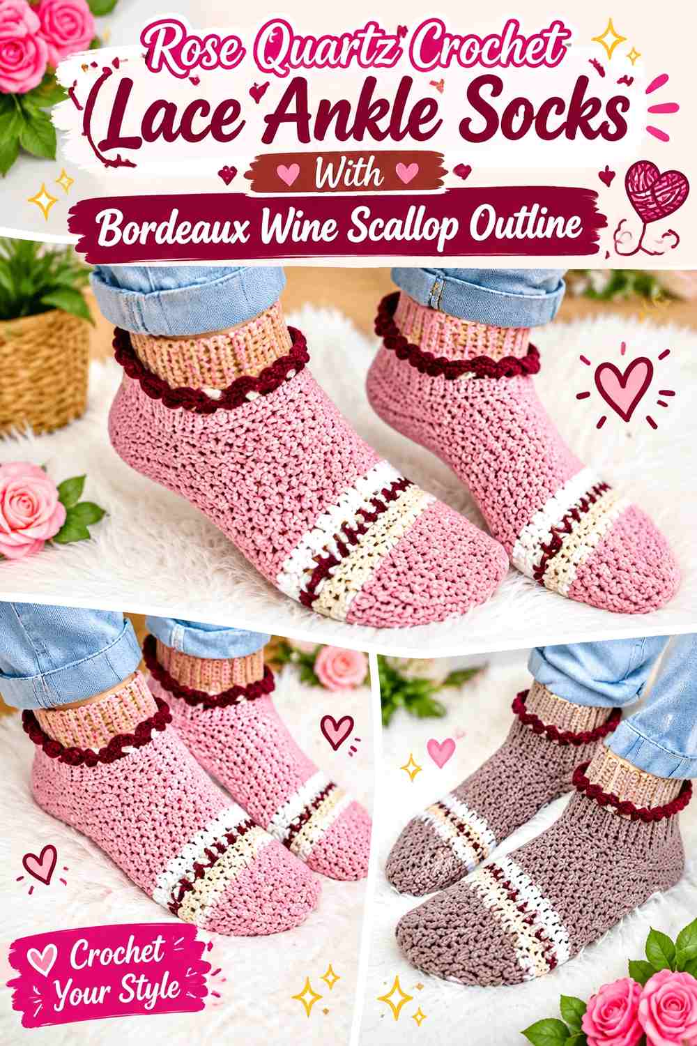 Rose Quartz Crochet Lace Ankle Socks With Bordeaux Wine Scallop Outline