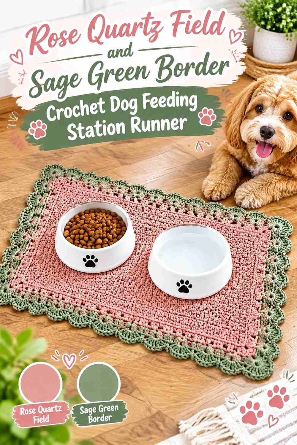 Rose Quartz Field and Sage Green Border Crochet Dog Feeding Station Runner