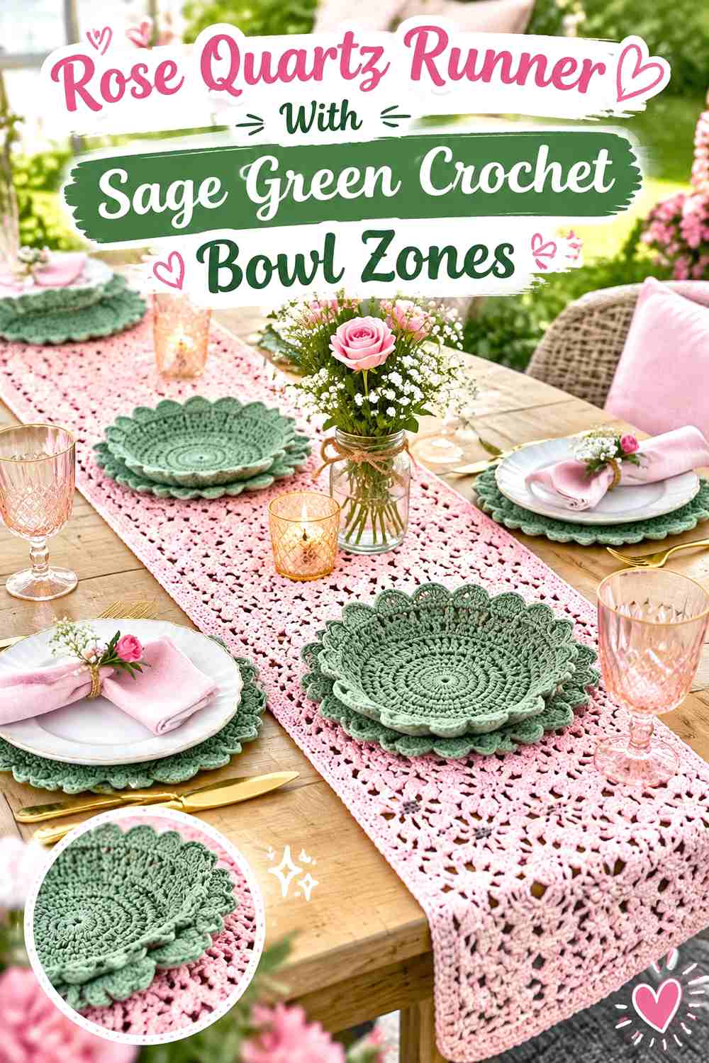 Rose Quartz Runner With Sage Green Crochet Bowl Zones