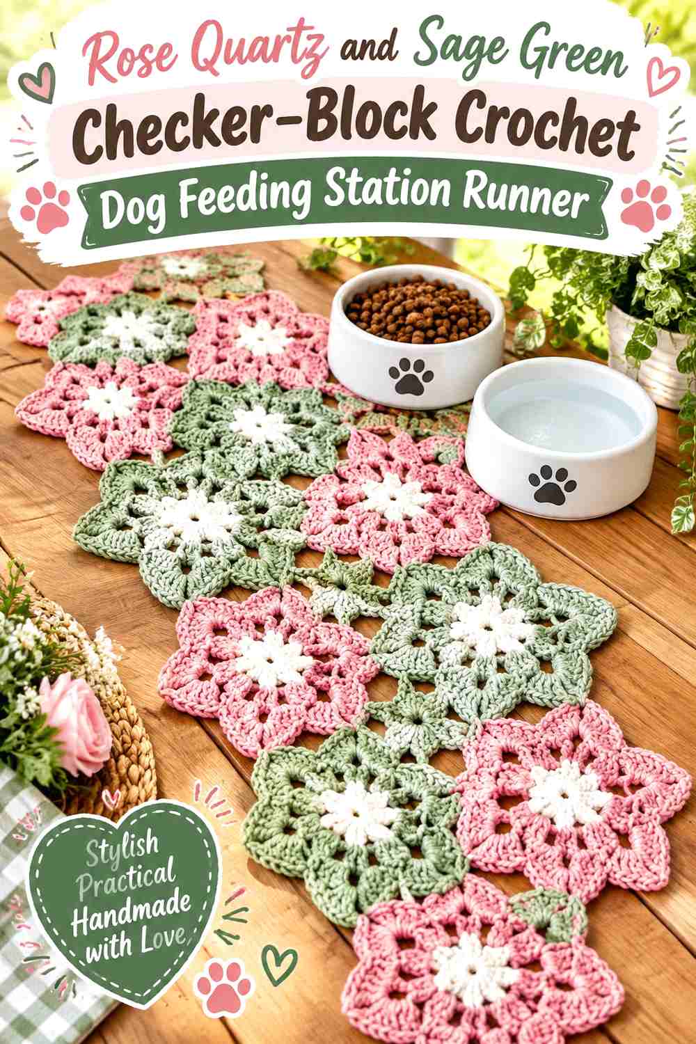 Rose Quartz and Sage Green Checker-Block Crochet Dog Feeding Station Runner