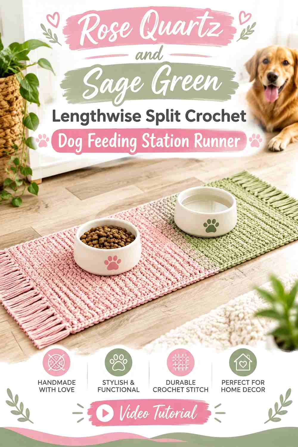 Rose Quartz and Sage Green Lengthwise Split Crochet Dog Feeding Station Runner