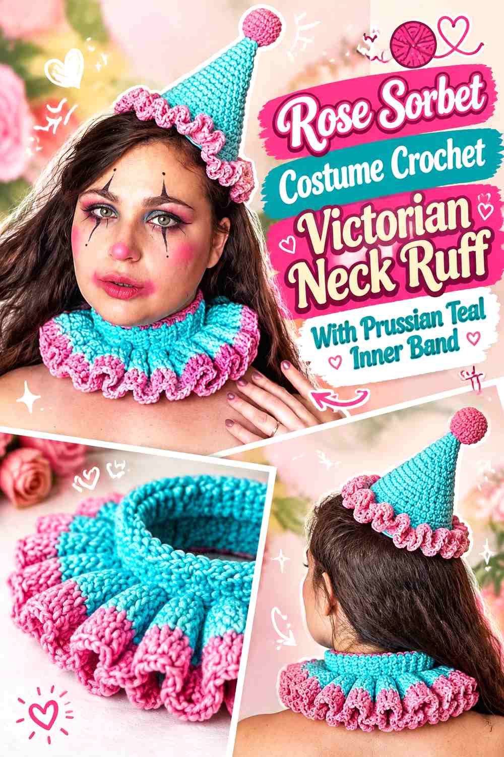 Rose Sorbet Costume Crochet Victorian Neck Ruff With Prussian Teal Inner Band