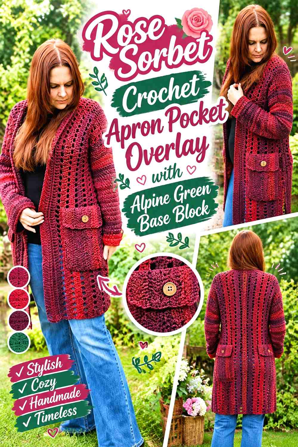 Rose Sorbet Crochet Apron Pocket Overlay with Alpine Green Base Block
