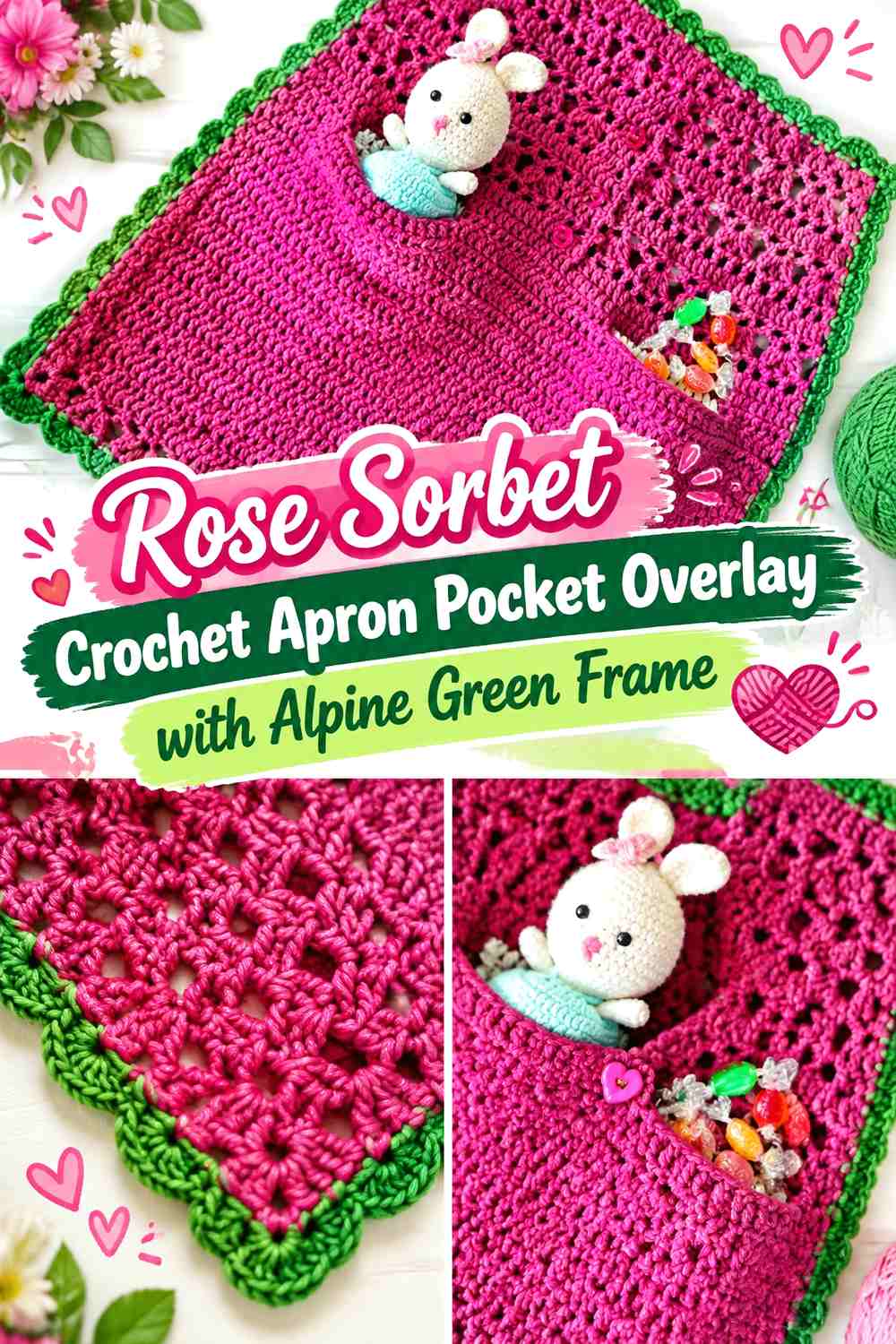 Rose Sorbet Crochet Apron Pocket Overlay with Alpine Green Frame