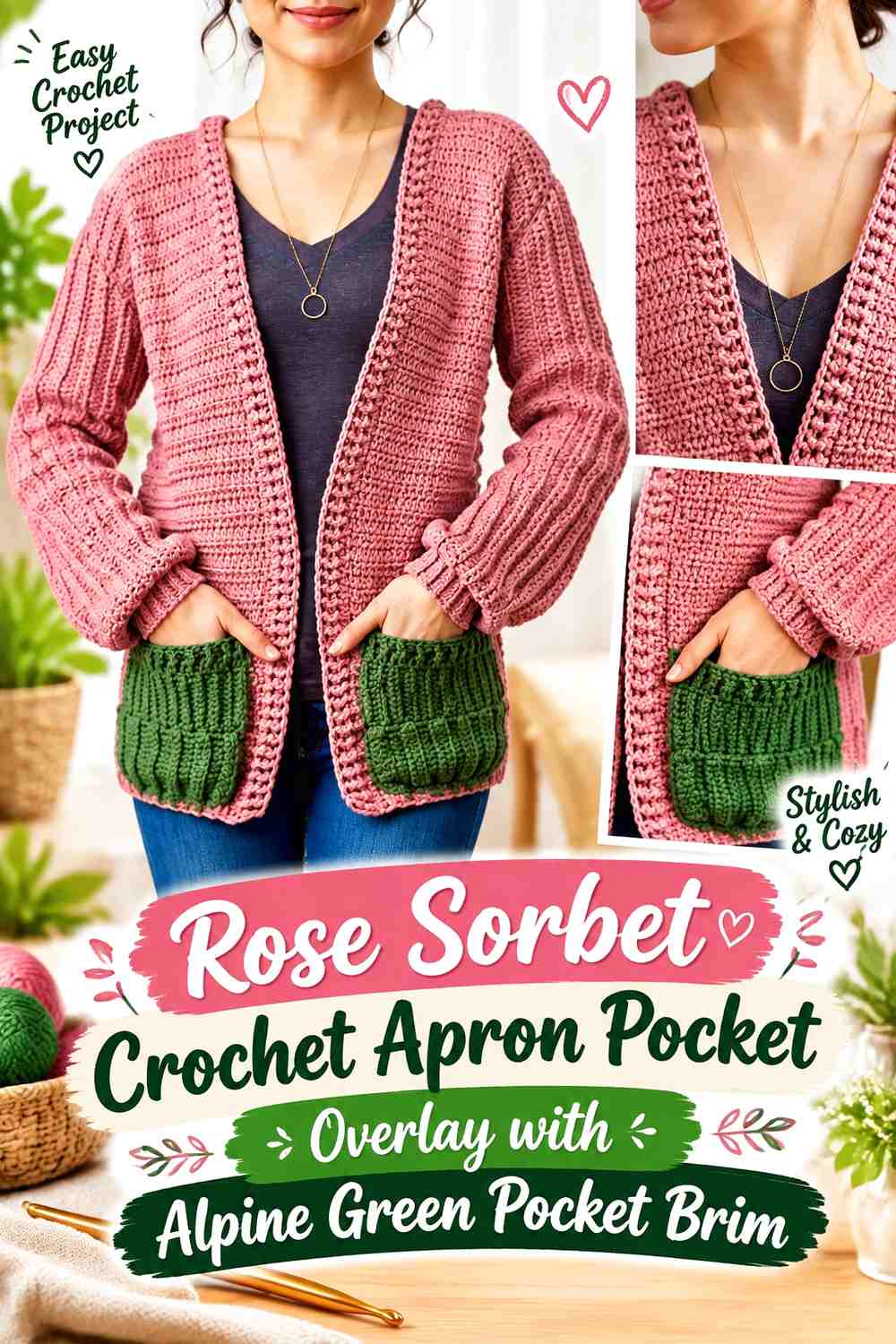 Rose Sorbet Crochet Apron Pocket Overlay with Alpine Green Pocket Brim