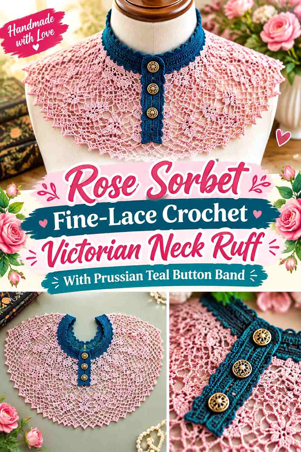 Rose Sorbet Fine-Lace Crochet Victorian Neck Ruff With Prussian Teal Button Band