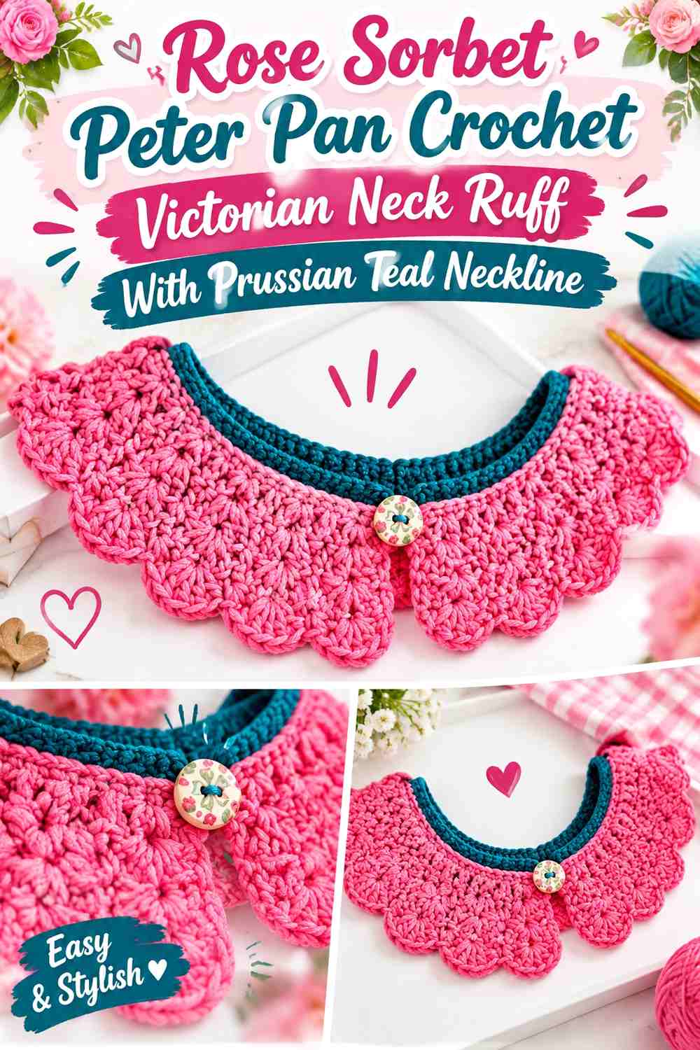 Rose Sorbet Peter Pan Crochet Victorian Neck Ruff With Prussian Teal Neckline
