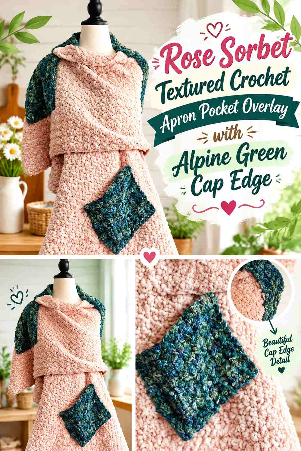Rose Sorbet Textured Crochet Apron Pocket Overlay with Alpine Green Cap Edge