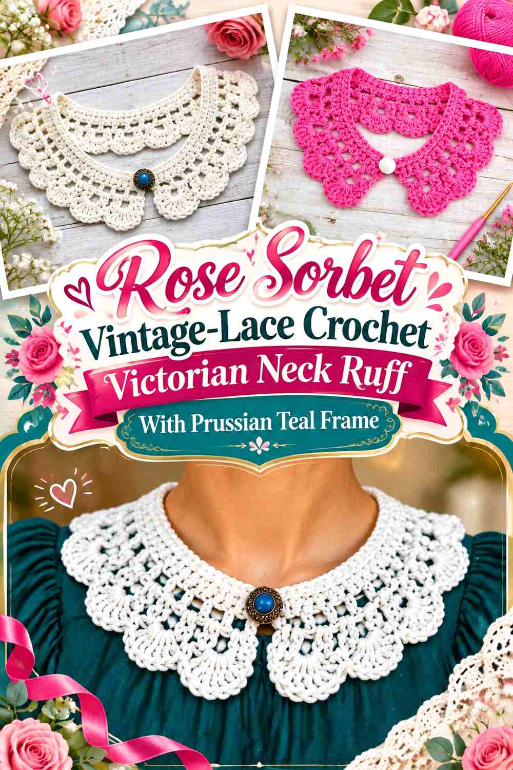 Rose Sorbet Vintage-Lace Crochet Victorian Neck Ruff With Prussian Teal Frame