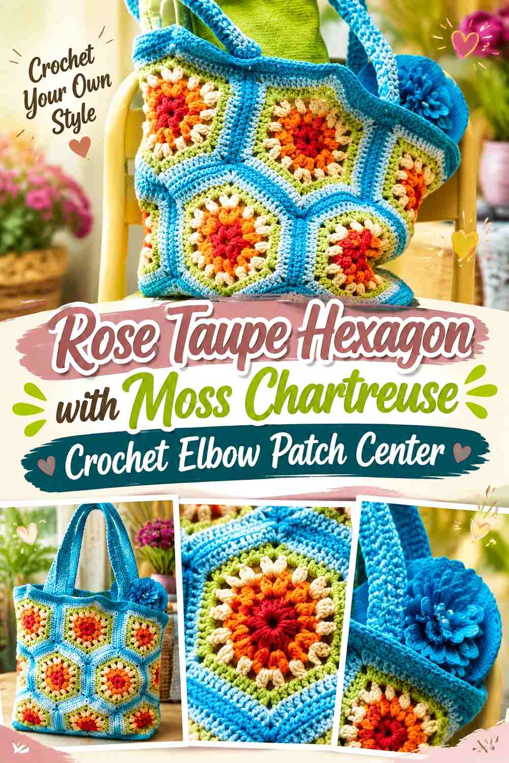 Rose Taupe Hexagon with Moss Chartreuse Crochet Elbow Patch Center