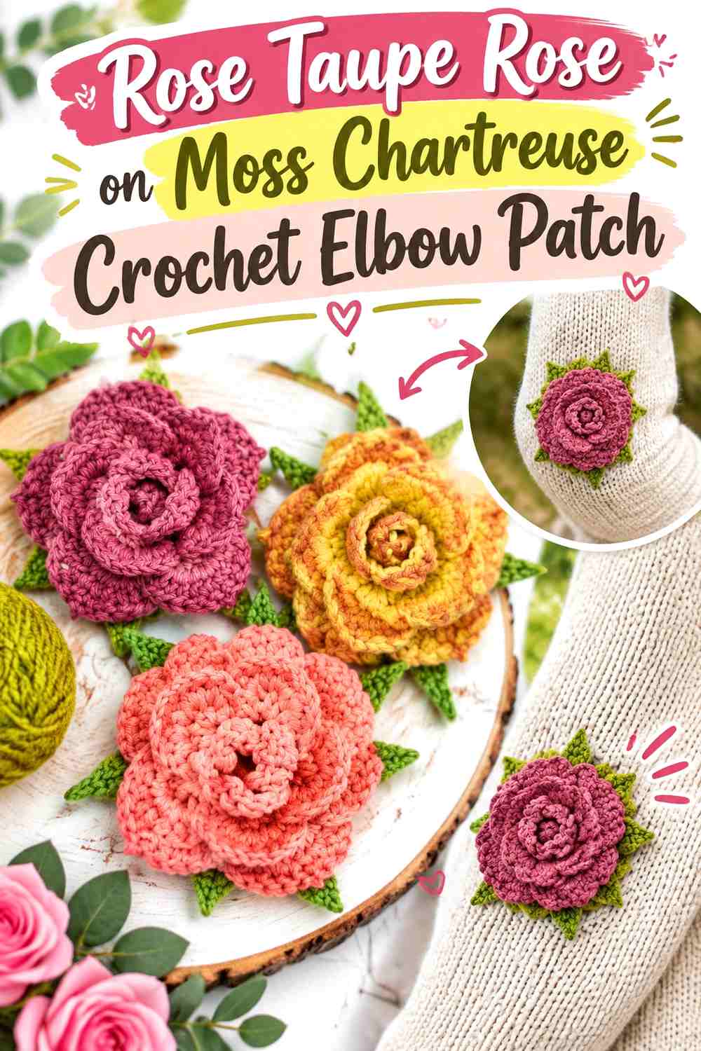 Rose Taupe Rose on Moss Chartreuse Crochet Elbow Patch