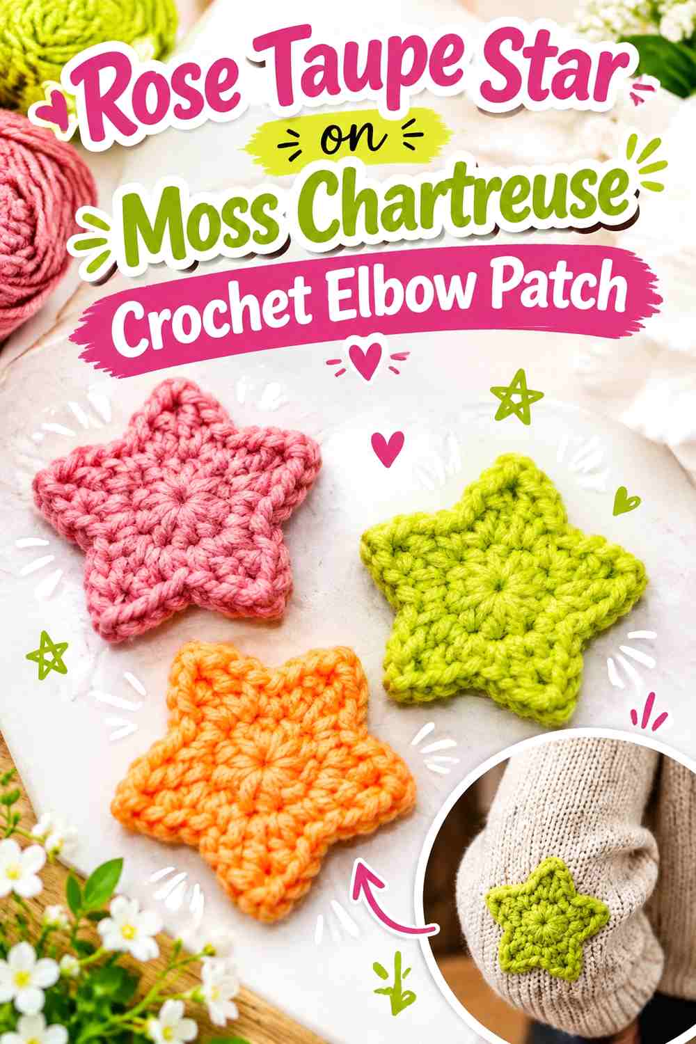 Rose Taupe Star on Moss Chartreuse Crochet Elbow Patch