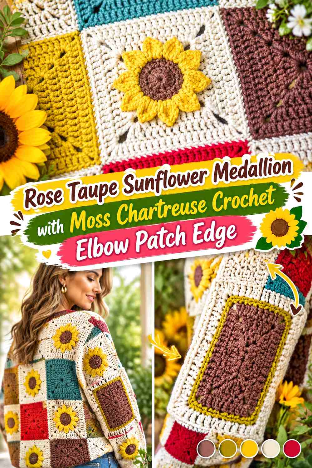 Rose Taupe Sunflower Medallion with Moss Chartreuse Crochet Elbow Patch Edge